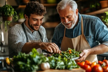 Smiling young Caucasian man and older dad in aprons cooking vegetable healthy salad for dinner together. Happy grownup son with mature father prepare delicious food meal at home, Generative AI