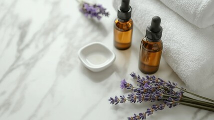 White marble background, spa setting with two essential oil bottles and some lavender flowers . white towels