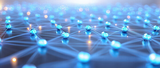 Abstract representation of a digital network with glowing nodes and connections, emphasizing technology and innovation, rapid data transfer