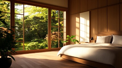 Sunlit bedroom with a large window overlooking a lush green garden, featuring a cozy bed and wood paneling, creating a serene and inviting atmosphere.