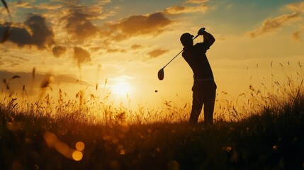 Wall Mural - Silhouette of a golfer swinging a club at sunset on a golf course.