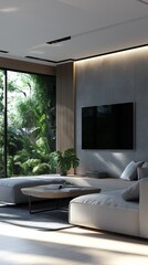 Wall Mural - A modern and spacious living room with a minimalist design.	