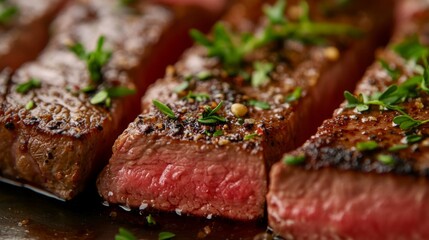 Wall Mural - A close-up of a perfectly seared steak with a crispy crust and tender pink interior, garnished with fresh herbs and a drizzle of sauce.