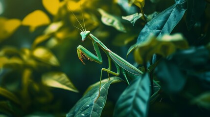 A close-up of a praying mantis camouflaged among leaves, with its distinctive shape and texture blending into the natural environment.