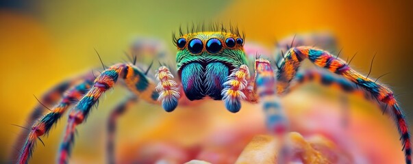 Macro photography of a colorful jumping spider on a vibrant background, nature details. Wildlife and insect portrait concept