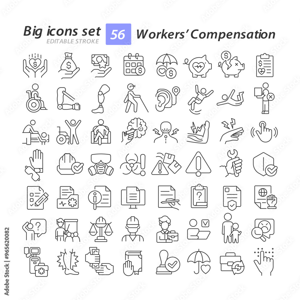 Workers compensation linear icons set. Workplace safety. Medical care ...
