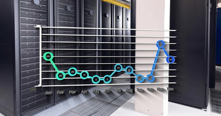 Wall Mural - Image of monthly data on annual graph over computer server room