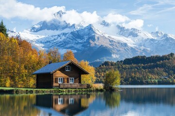 Wall Mural - A small wooden cottage in front of a snow capped moutain at a beautiful lake with reflection 