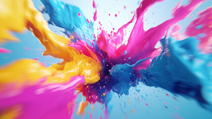 Wall Mural - Dynamic Pink Yellow And Blue Paint Splash On Light Background