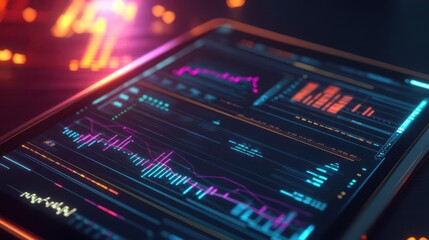 High-tech tablet displaying vibrant data visualization with graphs and charts for advanced analytics and modern business insights.