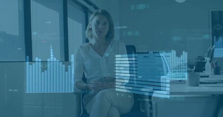 Poster - Image of financial data processing over caucasian businesswoman in office