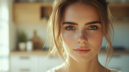 Young Woman With Freckles Standing In Bright Softly Lit Kitchen