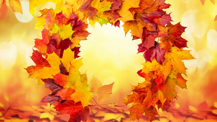 Poster - Colorful creative natural autumn background for design with frame of orange leaves on blurred background.