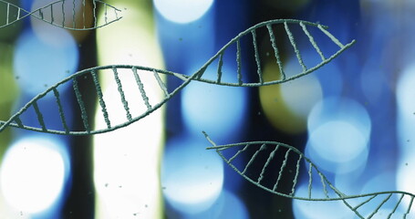 Sticker - DNA strands image over blurred lights background