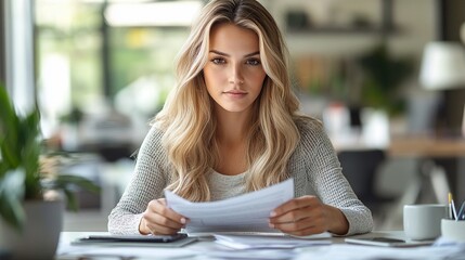 Wall Mural - Focused Woman Working at Desk in a Bright Modern Office Space