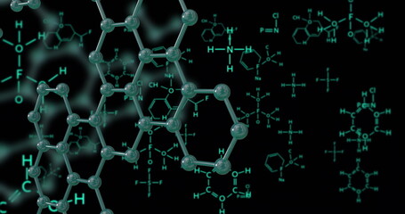 Sticker - Molecular structures and chemical formulas, scientific research image over black background