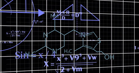 Wall Mural - Chemical formulas and mathematical equations over grid background