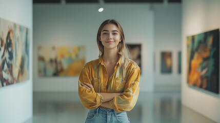 Woman Smiling in a Modern Art Gallery Wearing a Yellow Shirt With Folded Arms