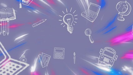 Wall Mural - animation of education icons over light trails on purple background
