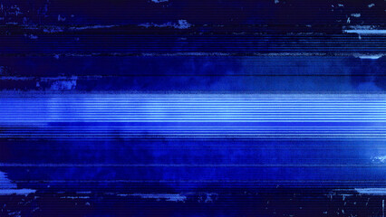 Wall Mural - A blue screen with static noise on it, VHS-like glitchy lines and rough edges, dark background.