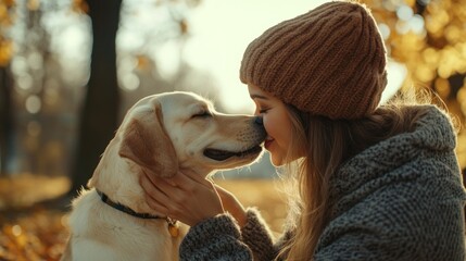 A woman is hugging a dog