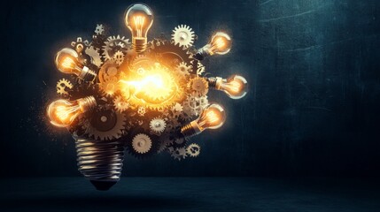 Aufkleber - A digital concept of a brain with interconnected gears and lightbulbs, symbolizing the generation and flow of creative ideas.