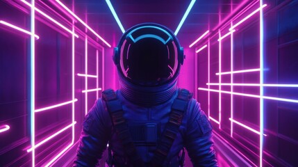 Canvas Print - Astronaut in a Neon Corridor