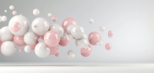 Poster - A vibrant composition of floating spheres in soft pink and white colors, creating a modern, abstract aesthetic.