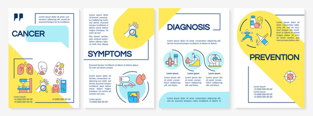 Wall Mural - Cancer blue and yellow brochure template. Symptoms and treatment. Leaflet design with linear icons. Editable 4 vector layouts for presentation, annual reports. Questrial, Lato-Regular fonts used