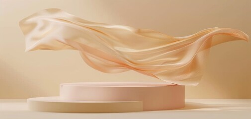 Poster - Elegant fabric flows gracefully above a soft pedestal, creating a serene and artistic atmosphere perfect for product displays.