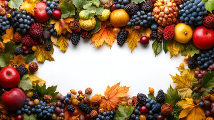 A vibrant autumn-themed still life composition featuring a diverse array of fruits and foliage arranged in a border framing a blank center