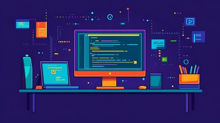 Modern Flat Design Technology for Coding and Software Development with Digital Devices