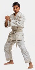 indian male martial artist in gi performing a kata white background