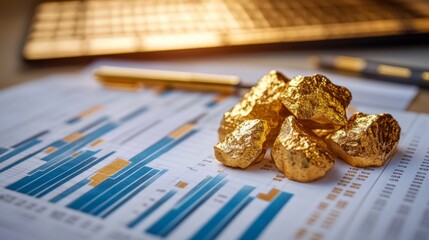 Poster - A gold price chart with a focus on historical data trends, including annotations and markers, set against a backdrop of financial documents.