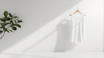 A clean white dress on a simple hanger, floating in a bright, airy space, Minimalist, Neutral tones, Soft shadows, Ethereal