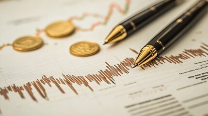 Poster - A gold price chart with a focus on historical data trends, including annotations and markers, set against a backdrop of financial documents.