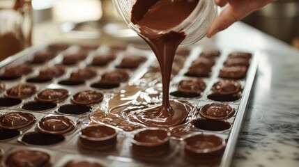 A chocolatier pours rich molten chocolate into molds on a marble countertop, expertly crafting delicious confections in a well-lit kitchen environment