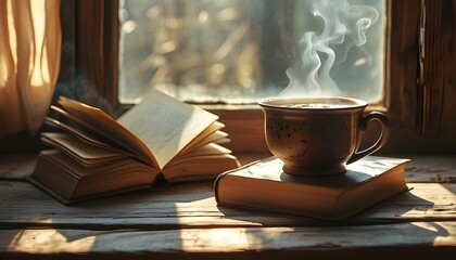 Wall Mural - Sunlit serenity: a steaming cup of coffee and an open book on a wooden table by the window invite moments of peace and reflection