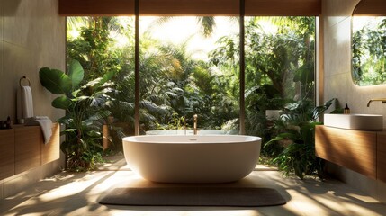 Wall Mural - This luxurious modern bathroom features a freestanding bathtub, large windows framing a view of lush greenery, and warm, natural light enhancing the serene atmosphere