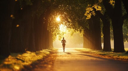 A person runs along a beautiful path edged by trees as the golden light of sunset filters through, creating a captivating silhouette against a serene backdrop