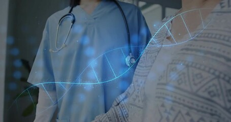 Wall Mural - Animation of dna strand and medical data processing over diverse doctor and patient
