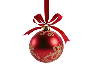 Wall Mural - elegant red christmas ornament with a golden pattern, tied with a long red ribbon on a white backgro