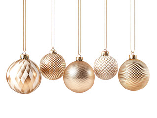 Wall Mural - Set of six hanging golden Christmas ornaments in different textures and patterns on a white background.  PNG transparent.