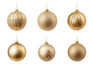 Wall Mural - set of six hanging golden christmas ornaments in different textures and patterns on a white backgrou