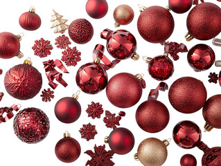 Wall Mural - collection of red and gold christmas ornaments with snowflakes and ribbons on a white background. pn