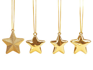 Six golden stars hanging from strings in a row on a white background.  PNG transparent.