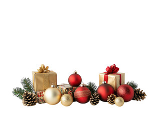 Wall Mural - red and gold christmas ornaments with pinecones and small gifts arranged on a white background. png 