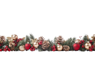 Wall Mural - christmas garland with red and gold baubles, berries, and pinecones on a white background. png trans