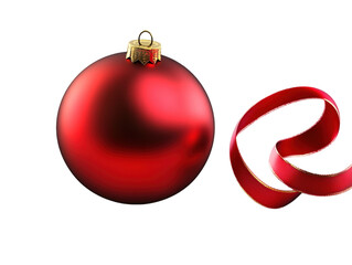 Wall Mural - red christmas ornament with a golden ribbon curled around it on a white background. png transparent.