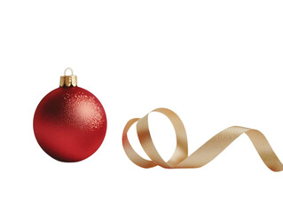Wall Mural - red christmas ornament with a golden ribbon curled around it on a white background. png transparent.